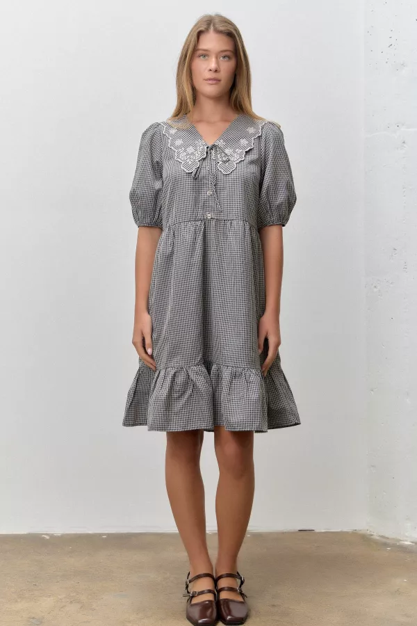 GINGHAM PRINT EMBROIDERED DRESS - Navy  - Image 1
